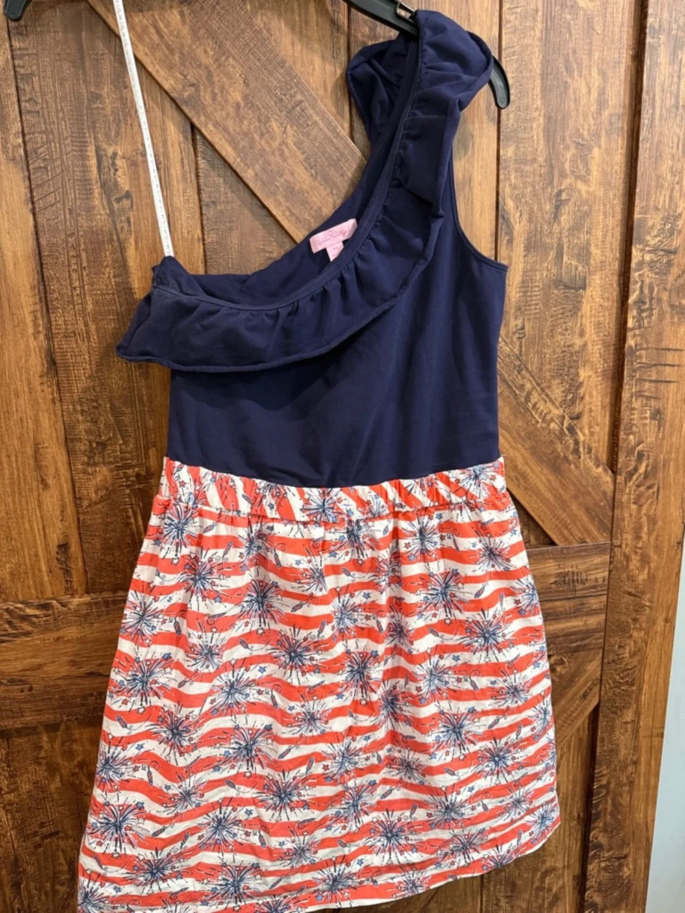 Lilly Pulitzer Navy One-Shoulder Ruffle Dress with Red & White Printed Skirt - Picture 1 of 1